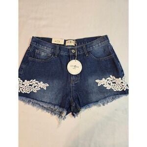 Umgee Denim Shorts Women Size 5 Blue Floral Lace Frayed Hem Oversized New‎